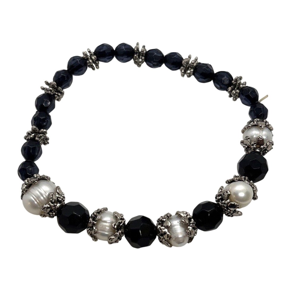 Handmade Black Beaded Pearl Silver Tone‎ Stretch Bracelet 7'' Boho Whimsigoth